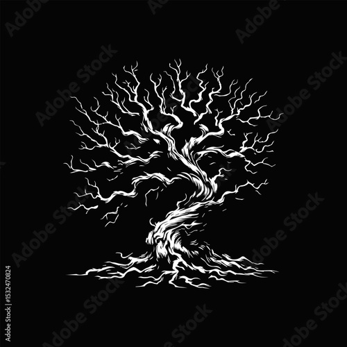 Dramatic white silhouette of a gnarled old tree with sprawling roots against a dark background. Nature concept
