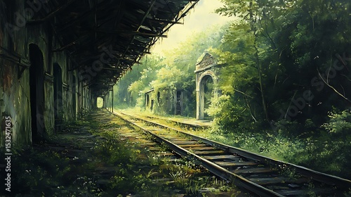 Fototapeta Naklejka Na Ścianę i Meble -  Oil painting of an abandoned train station in a quiet forest