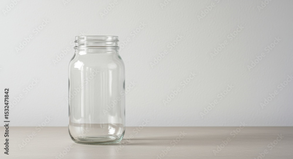 Clear glass jar standing on a wooden surface with neutral background Clear glass jar standing on a wooden surface with neutral background