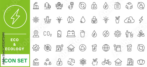 cology icon set. Environment, sustainability, nature, recycle, renewable energy; electric bike, eco-friendly, forest, wind power, green symbol. Solid icons vector collection.