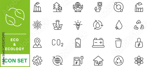 cology icon set. Environment, sustainability, nature, recycle, renewable energy; electric bike, eco-friendly, forest, wind power, green symbol. Solid icons vector collection.