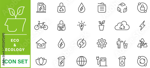 cology icon set. Environment, sustainability, nature, recycle, renewable energy; electric bike, eco-friendly, forest, wind power, green symbol. Solid icons vector collection.