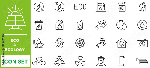 cology icon set. Environment, sustainability, nature, recycle, renewable energy; electric bike, eco-friendly, forest, wind power, green symbol. Solid icons vector collection.