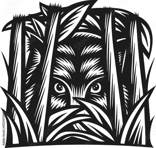 Wild animal eyes staring through grass hidden predator lurking, black and white woodcut illustration, mysterious gaze