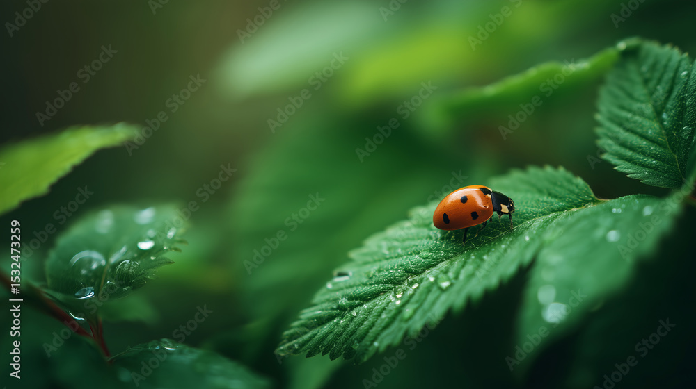 Fototapeta premium Vibrant ladybug perched on a dew-covered green leaf in natural light