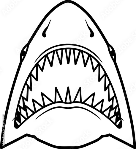 Aggressive shark open mouth illustration predatory marine animal with sharp teeth, aquatic fear concept, black line art