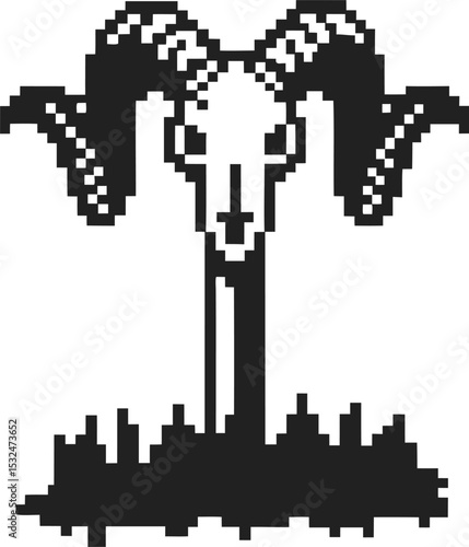 Pixel art ram skull with curved horns on post, dark grass base vintage monochrome digital illustration, retro 8 bit design