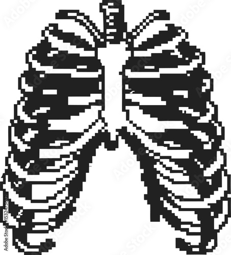 Pixel art black and white ribcage and spine illustration human thoracic skeleton, anatomy, retro digital graphic design