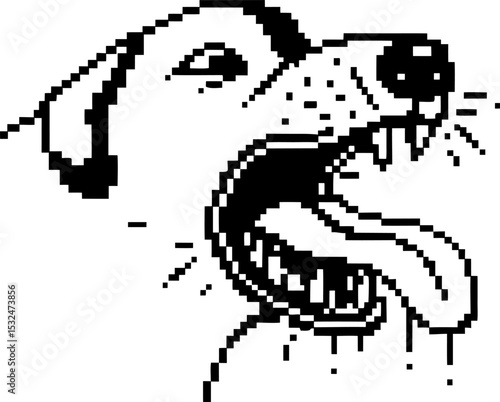 Aggressive pixelated dog head with open mouth, sharp teeth, drooling tongue, retro digital art black and white illustration