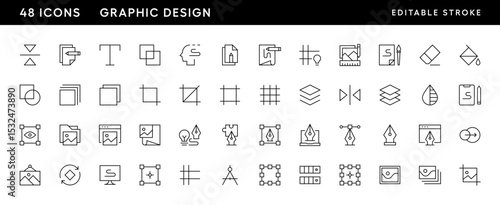 Graphic design icon collection. Design icon set. Fine art, design tools, color, idea, grid, eraser, flip, layer and more. Editable stroke. Pixel Perfect. Grid base 32 x 32.