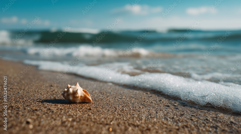 Close-up of a seashell on a sandy beach under a clear sky Close-up of a seashell on a sandy beach under a clear sky