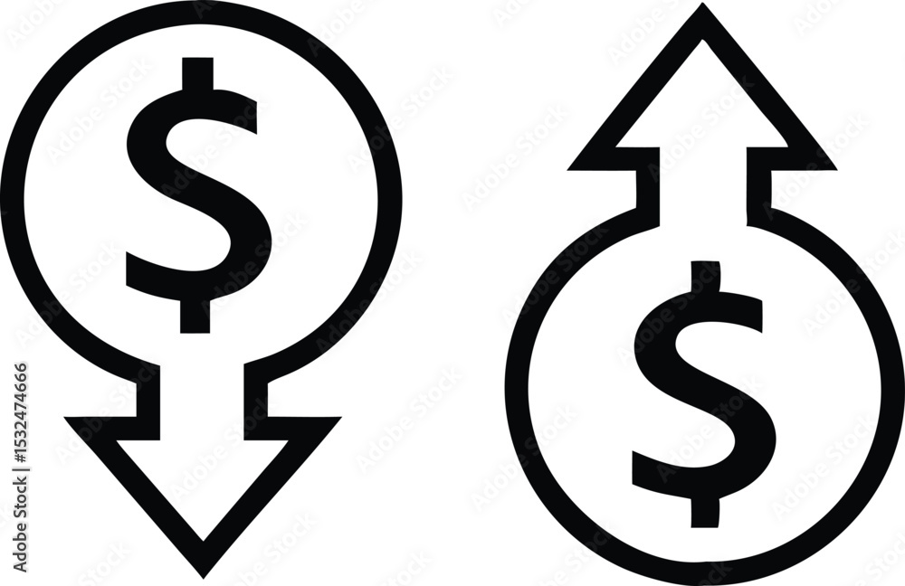 Dollar increase and dollar decrease symbol set. Vector illustration Dollar increase and dollar decrease symbol set. Vector illustration