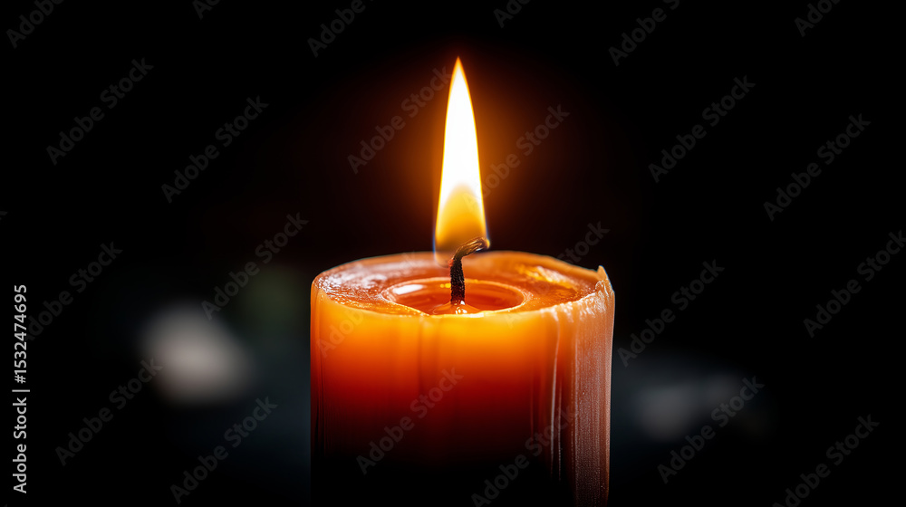 Burning candle in darkness with glowing flame and peaceful ambiance Burning candle in darkness with glowing flame and peaceful ambiance
