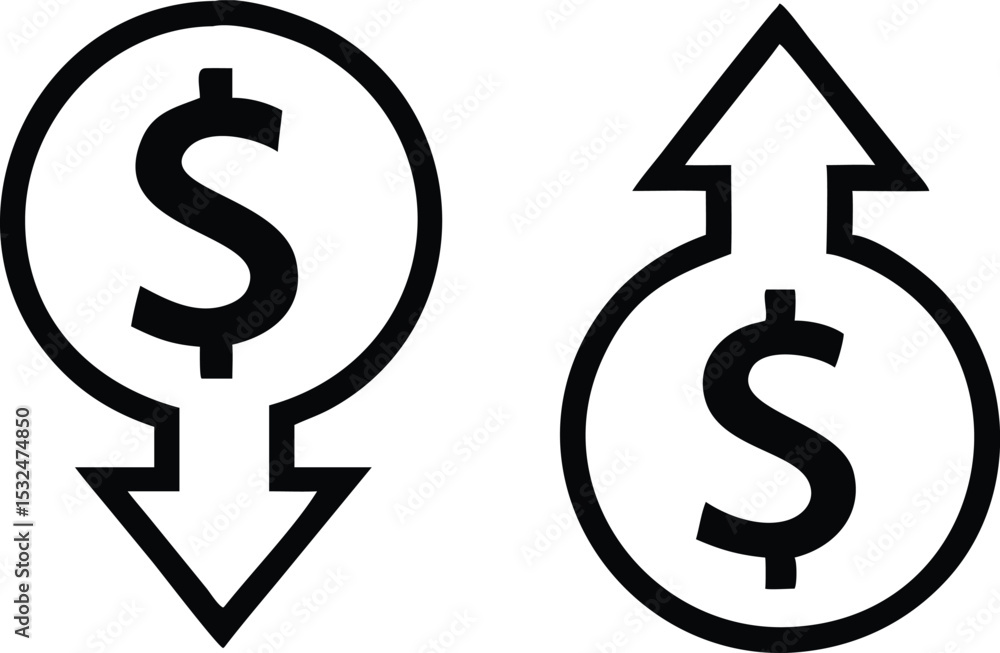 Dollar increase and dollar decrease symbol set. Vector illustration Dollar increase and dollar decrease symbol set. Vector illustration
