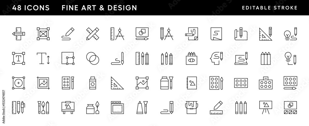 Fine art and design icon set. Art, design tools, work area, measure, brushes, drawing, design tool, canvas and more. Editable stroke. Pixel Perfect. Grid base 32 x 32.