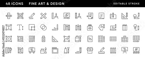 Fine art and design icon set. Art, design tools, work area, measure, brushes, drawing, design tool, canvas and more. Editable stroke. Pixel Perfect. Grid base 32 x 32.