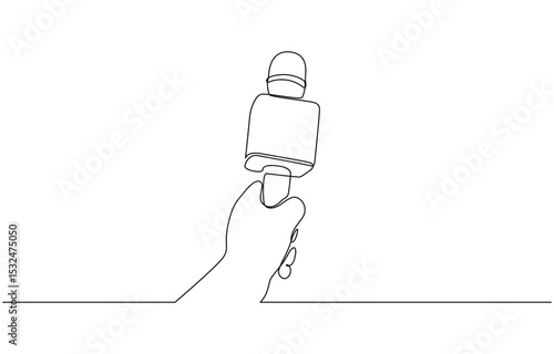 Hands holding news microphone in continuous one line drawing style. Journalist, reporter concept. Continuous one line drawing of hand holding news microphone. Editable line.