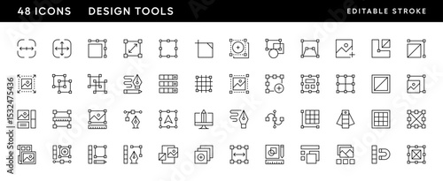 Design tool icon collection. Graphic design icons. Transform, measure, layout, work area, pen tool, canvas, grid and more. Editable stroke. Pixel Perfect. Grid base 32 x 32.