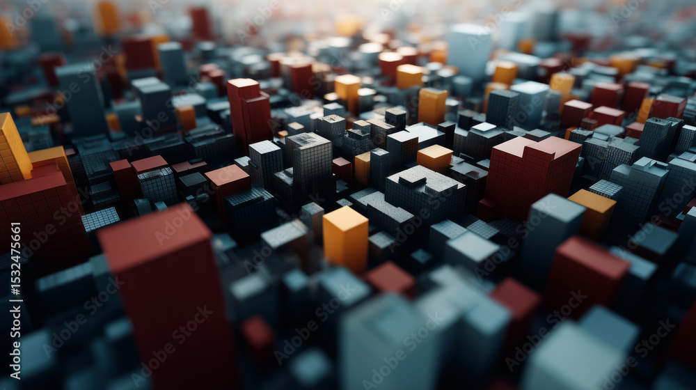 Fototapeta premium Abstract 3D geometric cityscape with colorful blocks and grid textures