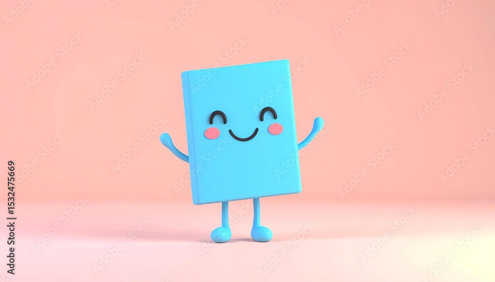 3D stylized note icon with a cute face and arms, standing upright like a mascot, soft pastel background 3D stylized note icon with a cute face and arms, standing upright like a mascot, soft pastel background