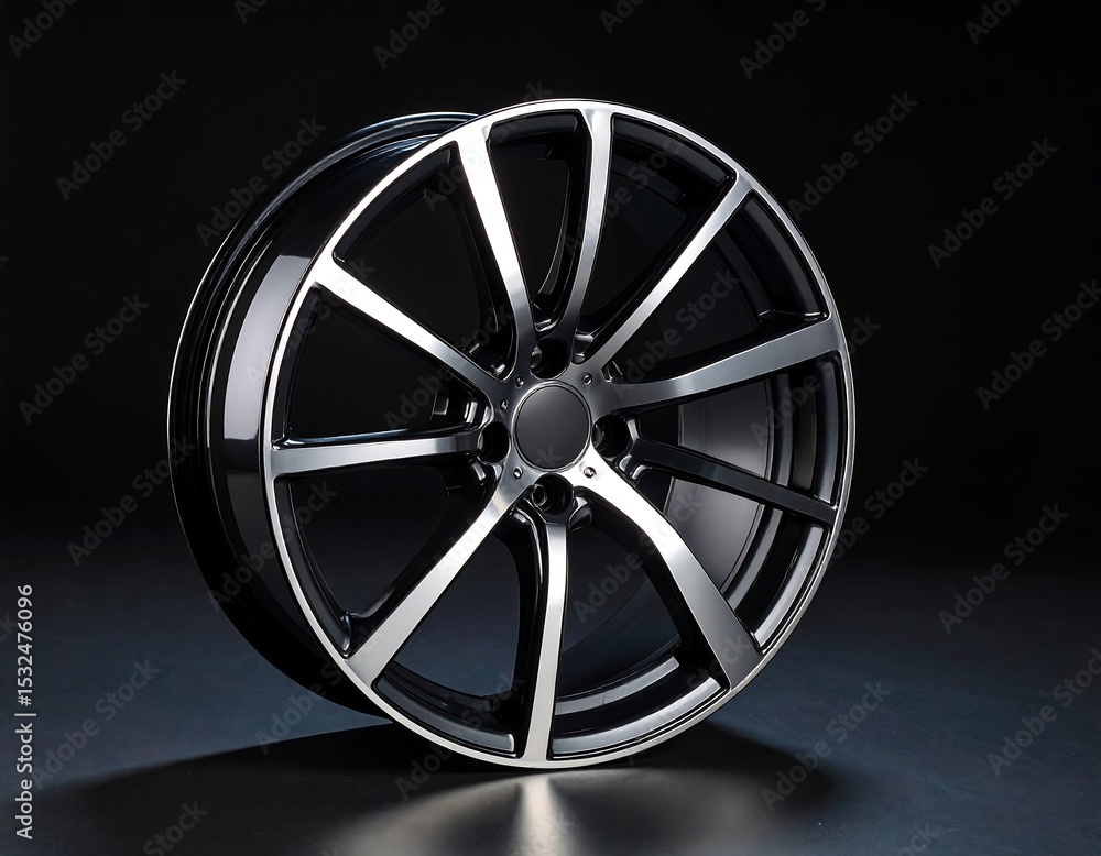 Fototapeta premium Sleek black and silver car wheel