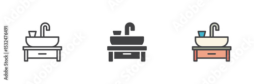 Sink with cabinet icon set in line, solid and filled outline style