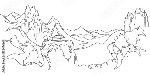 Continuous one line drawing temple in the mountains. Church on a rocky cliff. Religious building against the backdrop of nature. One continuous line isolated minimal illustration.Not AI.