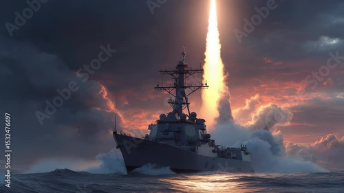 Arleigh Burke-class Destroyer Launches Missile at Sea During Dramatic Sunset, Naval Power Projection and Military Might