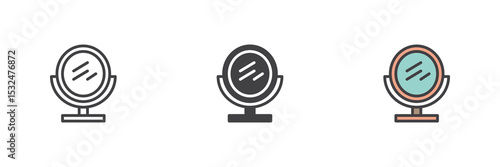 Magnifying mirror icon set in line, solid and filled outline style
