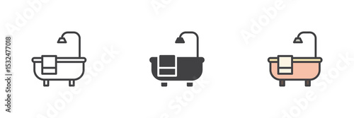Bathtub icon set in line, solid and filled outline style