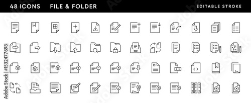File and folder icon collection. Documents, page, paper, text, archive, attachment, edit, task and more. Editable stroke. Pixel Perfect. Grid base 32 x 32.
