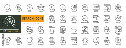 Minimalist search line icons set with editable stroke, featuring seek, filter, choise,AI search, zoom in, data, explore, result, seo, data base search, missing, loading, etc. thin linear illustration.