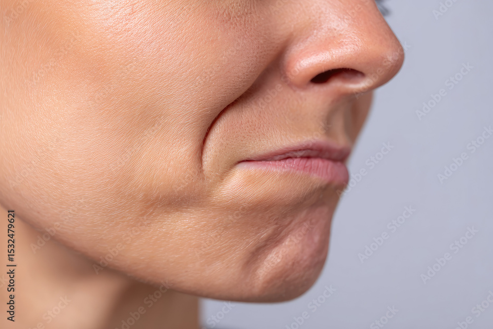 Obraz premium Close up of person face showing tense jaw, possibly indicating TMJ disorder. skin appears smooth and expression is focused. background is neutral, highlighting facial features