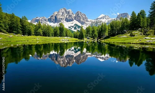 Serene Mountain Lake Reflection Majestic Peaks and Lush Green Landscape