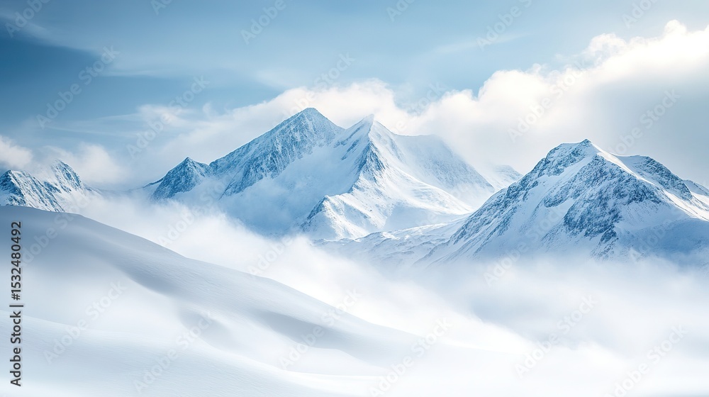 Snow-covered mountain peaks under a bright blue sky with soft clouds, showcasing a pristine winter landscape. Snow-covered mountain peaks under a bright blue sky with soft clouds, showcasing a pristine winter landscape.