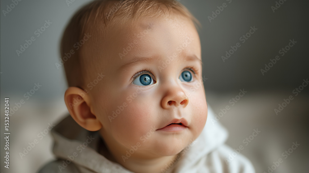 Adorable baby with blue eyes gazing curiously in soft lighting Adorable baby with blue eyes gazing curiously in soft lighting