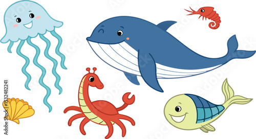 set of cartoon sea animals