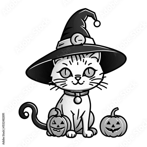 魔女帽子をかぶった猫とカボチャ｜Cat in Witch Hat with Pumpkin