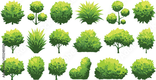 Set of decorative green bushes and garden shrubs in various shapes, isolated cartoon vector illustrations for landscape design, park decoration, and outdoor plant elements