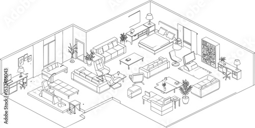 Isometric modern home interior layout, black and white furniture floor plan, living room bedroom office setup, detailed apartment vector, minimal architectural drawing, line art
