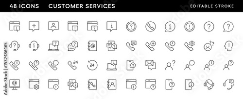 Customer service icon collection. Support, help, contact, faqs, business service, customer care, info, call center, assistant, help chat and more. Editable stroke. Pixel perfect. Grid base 32 x 32.
