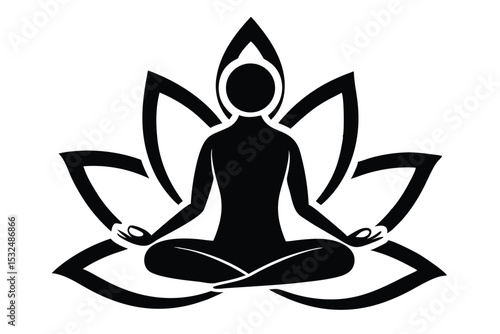 Black Silhouette of Person in Lotus Position Meditating Inside a Lotus Flower Icon