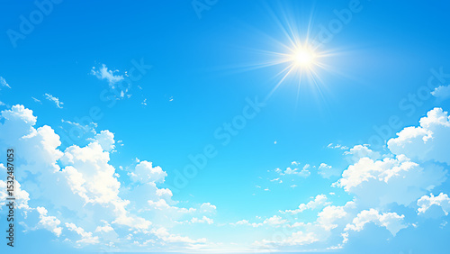 輝く太陽と白い雲が広がる夏の青空 - 希望と成功のイメージ背景