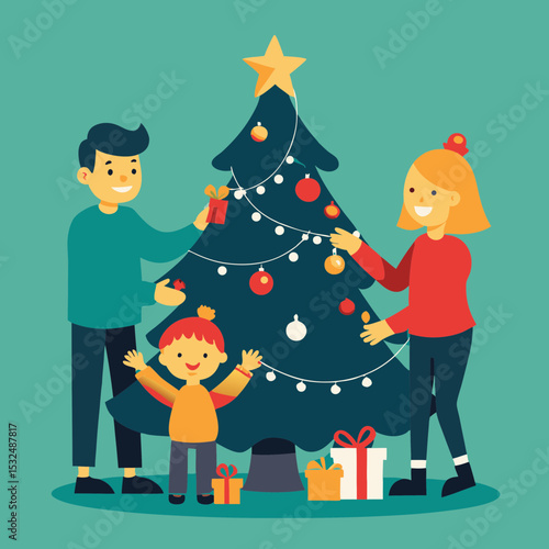 Cheerful family decorating a Christmas tree together with ornaments and gifts in a festive atmosphere

