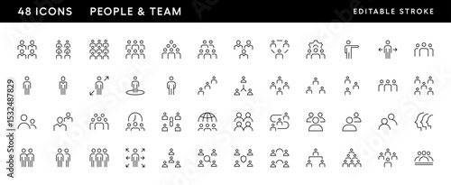 People and team icon collection. Community, networking, teamwork, business group, customer, employee, workgroup and more. Editable stroke. Pixel Perfect. Grid base 32 x 32.