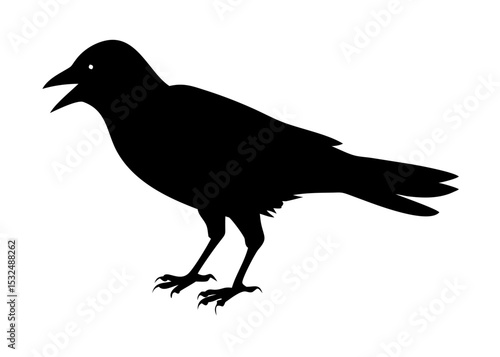Black silhouette of a crow with open beak isolated on a white background
