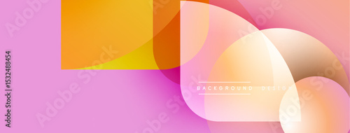 Abstract shapes overlap, creating vibrant color gradients. Pink background complements orange, yellow hues. Modern design element.