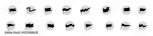 Flag silhouette banner vintage star burst flags ripped banners signs grunge retro pennant isolated. Flag logo. Black waving retro flag emblem, vintage simple banner shape. Vector illustration
