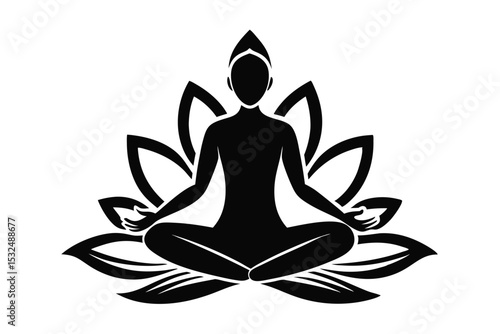 Person Meditating in Lotus Position Surrounded by Black Petals, Yoga and Zen Icon
