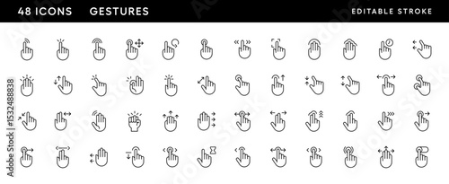 Gesture icon collection. Hand gesture, touch, finger interaction, swipe, slide, finger pointer, tap and more. Editable stroke. Pixel Perfect. Grid base 32 x 32.